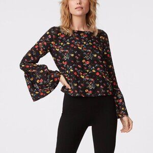 Club Monaco Taisie Soot Black Multi Floral Bell-Sleeve Blouse